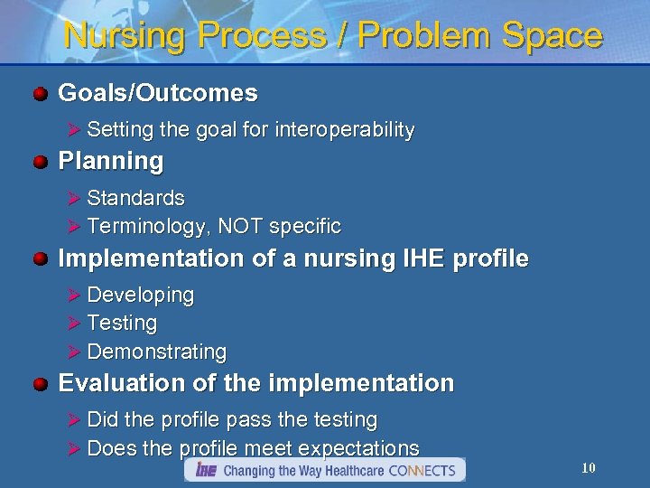 Nursing Process / Problem Space Goals/Outcomes Ø Setting the goal for interoperability Planning Ø