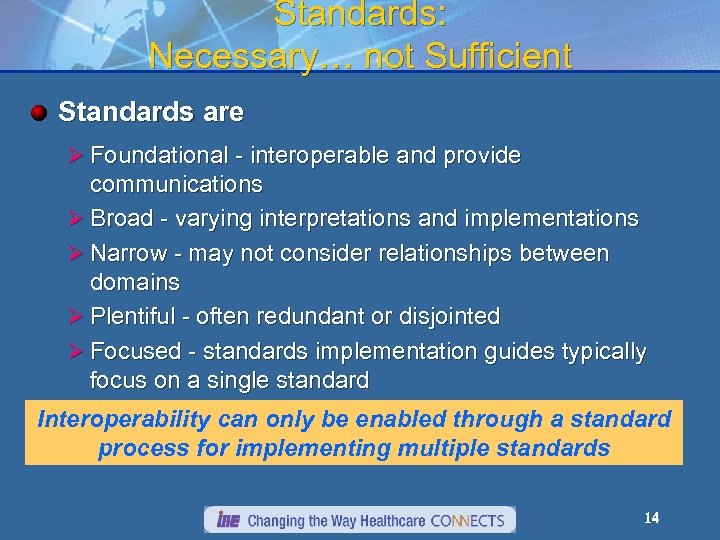 Standards: Necessary… not Sufficient Standards are Ø Foundational - interoperable and provide communications Ø
