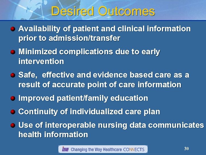 Desired Outcomes Availability of patient and clinical information prior to admission/transfer Minimized complications due