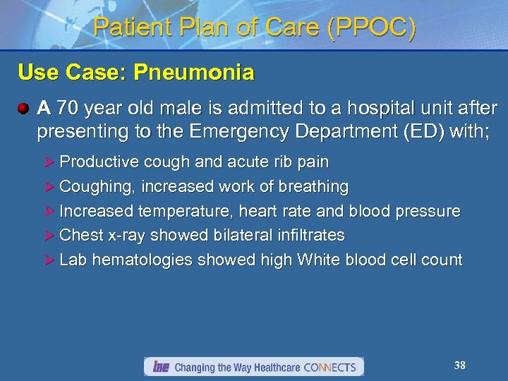 Patient Plan of Care (PPOC) Use Case: Pneumonia A 70 year old male is