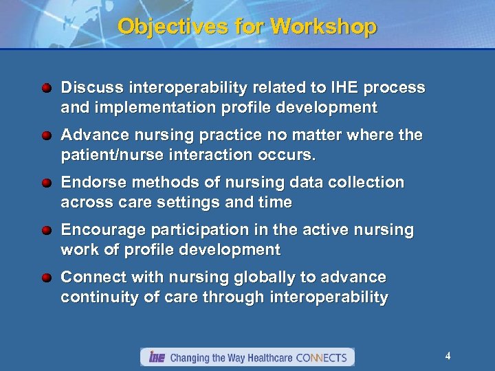 Objectives for Workshop Discuss interoperability related to IHE process and implementation profile development Advance