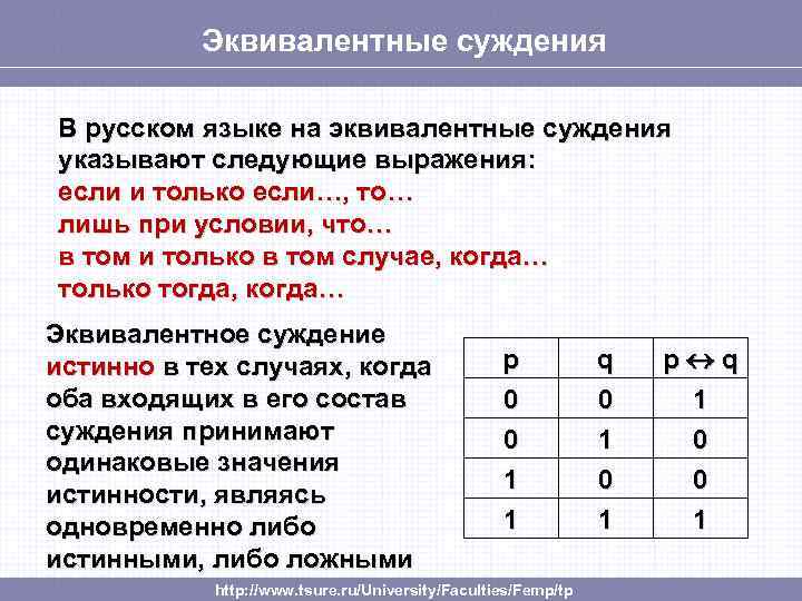 Эквивалентные суждения В русском языке на эквивалентные суждения указывают следующие выражения: если и только