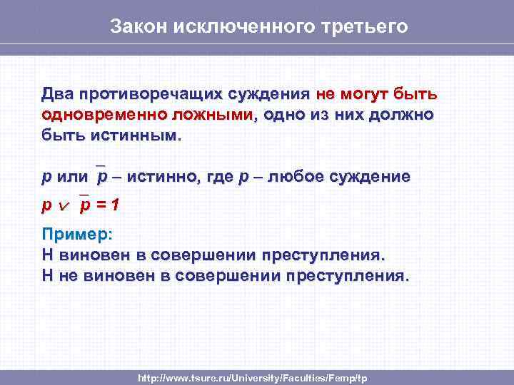 Закон исключенного третьего Два противоречащих суждения не могут быть одновременно ложными, одно из них