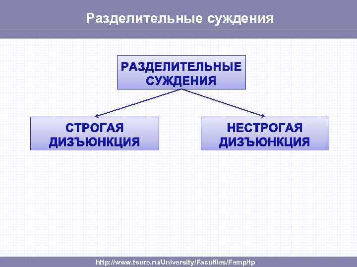 Разделительные суждения РАЗДЕЛИТЕЛЬНЫЕ СУЖДЕНИЯ СТРОГАЯ ДИЗЪЮНКЦИЯ НЕСТРОГАЯ ДИЗЪЮНКЦИЯ http: //www. tsure. ru/University/Faculties/Femp/tp 