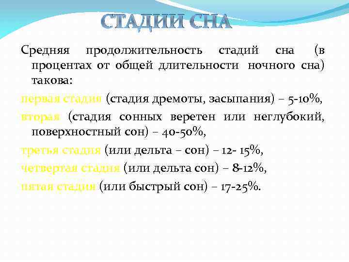 СТАДИИ СНА Средняя продолжительность стадий сна (в процентах от общей длительности ночного сна) такова: