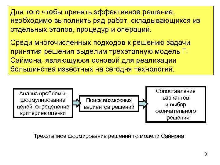 Для того чтобы принять эффективное решение, необходимо выполнить ряд работ, складывающихся из отдельных этапов,