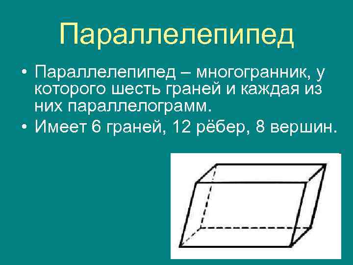 Параллелепипед • Параллелепипед – многогранник, у которого шесть граней и каждая из них параллелограмм.