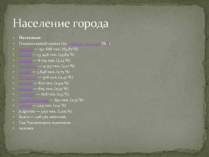 Население города Население Национальный состав (на 1 января 2014 года)%[2]: русские — 132 668