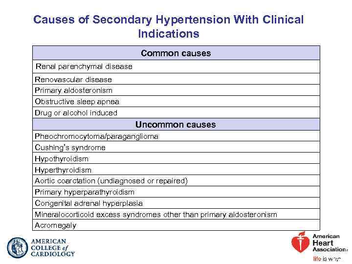 Causes of Secondary Hypertension With Clinical Indications Common causes Renal parenchymal disease Renovascular disease