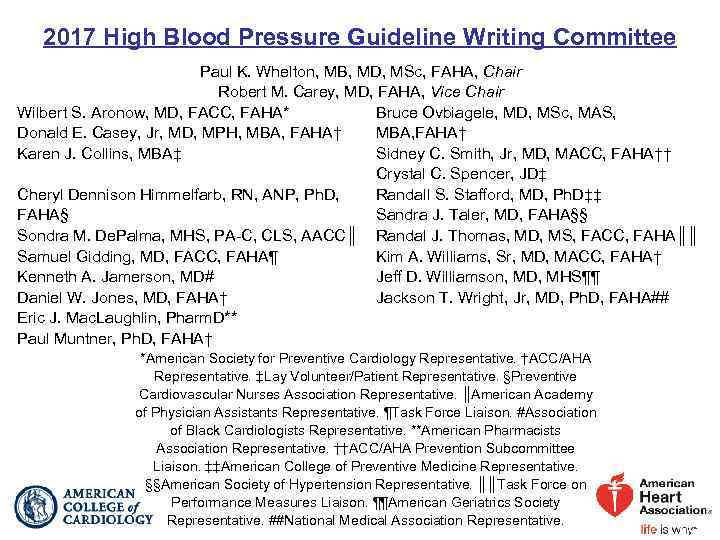 2017 High Blood Pressure Guideline Writing Committee Paul K. Whelton, MB, MD, MSc, FAHA,