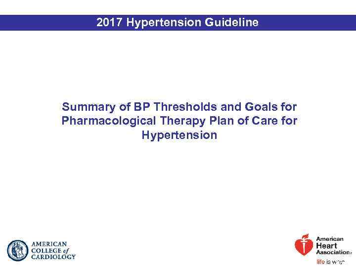 2017 Hypertension Guideline Summary of BP Thresholds and Goals for Pharmacological Therapy Plan of