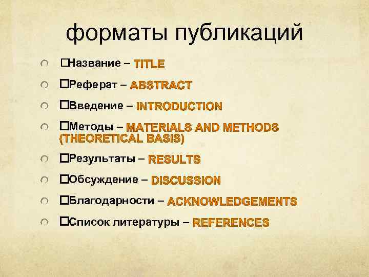форматы публикаций Название – Реферат – Введение – Методы – Результаты – Обсуждение –