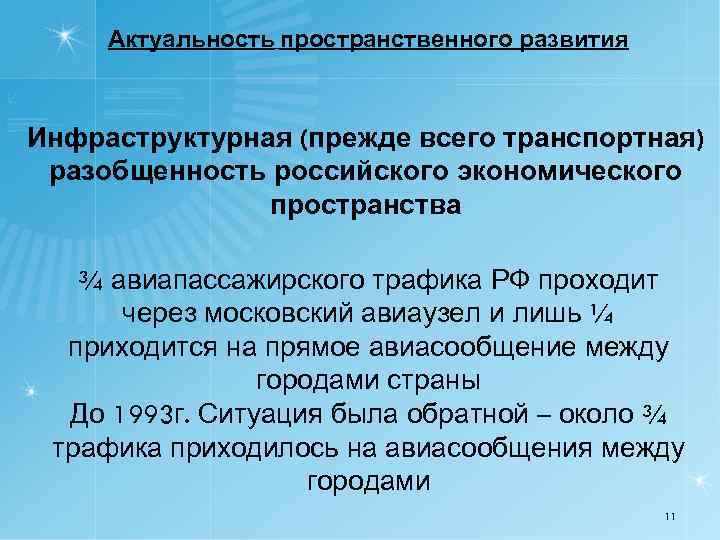 Актуальность пространственного развития Инфраструктурная (прежде всего транспортная) разобщенность российского экономического пространства ¾ авиапассажирского трафика