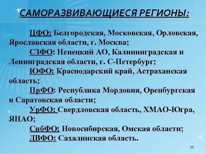 САМОРАЗВИВАЮЩИЕСЯ РЕГИОНЫ: ЦФО: Белгородская, Московская, Орловская, Ярославская области, г. Москва; СЗФО: Ненецкий АО, Калининградская