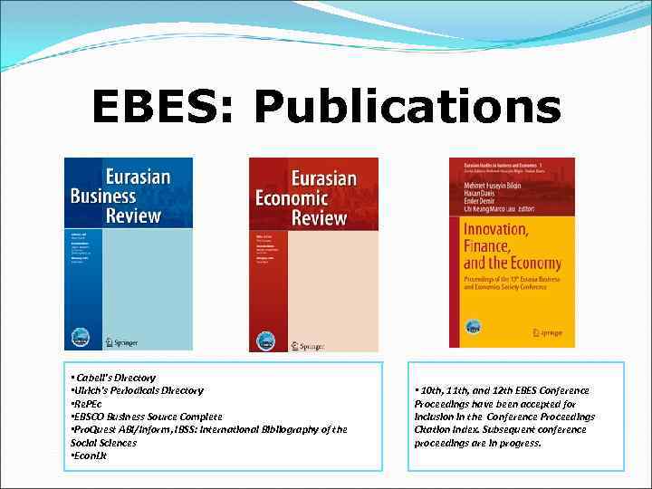 EBES: Publications • Cabell's Directory • Ulrich's Periodicals Directory • Re. PEc • EBSCO