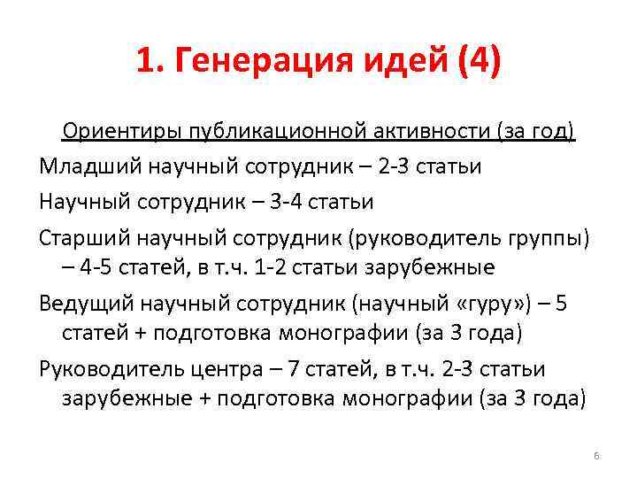 1. Генерация идей (4) Ориентиры публикационной активности (за год) Младший научный сотрудник – 2