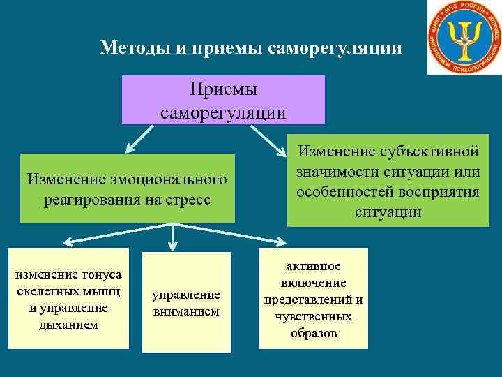 Методы и приемы саморегуляции Приемы саморегуляции Изменение эмоционального реагирования на стресс изменение тонуса скелетных