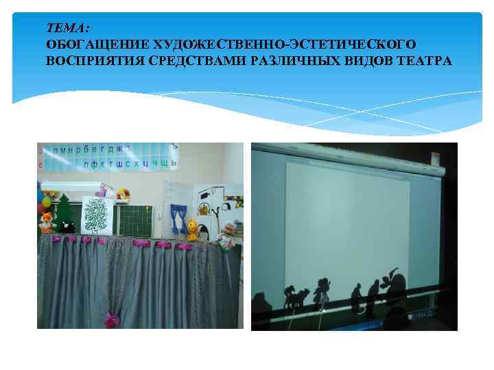 ТЕМА: ОБОГАЩЕНИЕ ХУДОЖЕСТВЕННО-ЭСТЕТИЧЕСКОГО ВОСПРИЯТИЯ СРЕДСТВАМИ РАЗЛИЧНЫХ ВИДОВ ТЕАТРА 