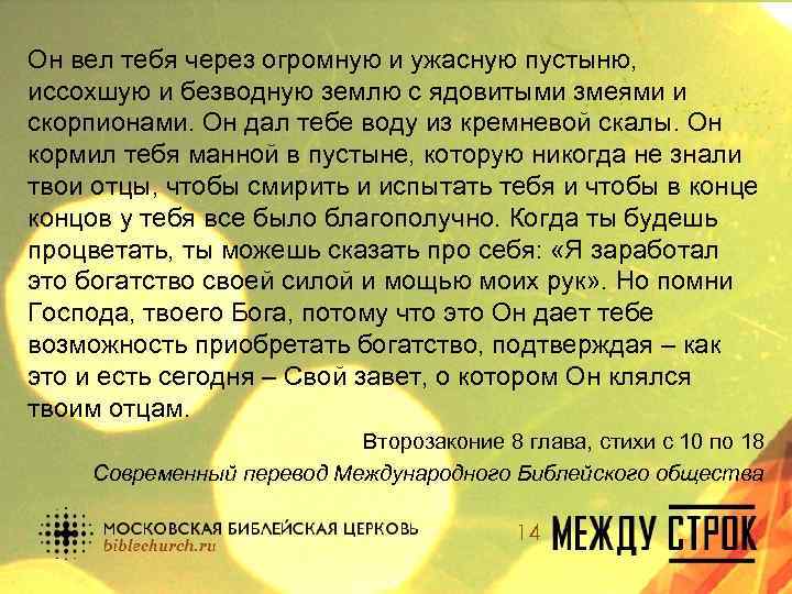 Он вел тебя через огромную и ужасную пустыню, иссохшую и безводную землю с ядовитыми