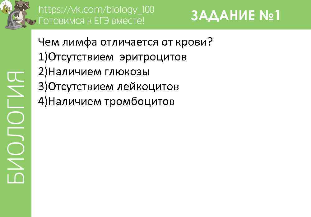 ЗАДАНИЕ № 1 Чем лимфа отличается от крови? 1)Отсутствием эритроцитов 2)Наличием глюкозы 3)Отсутствием лейкоцитов