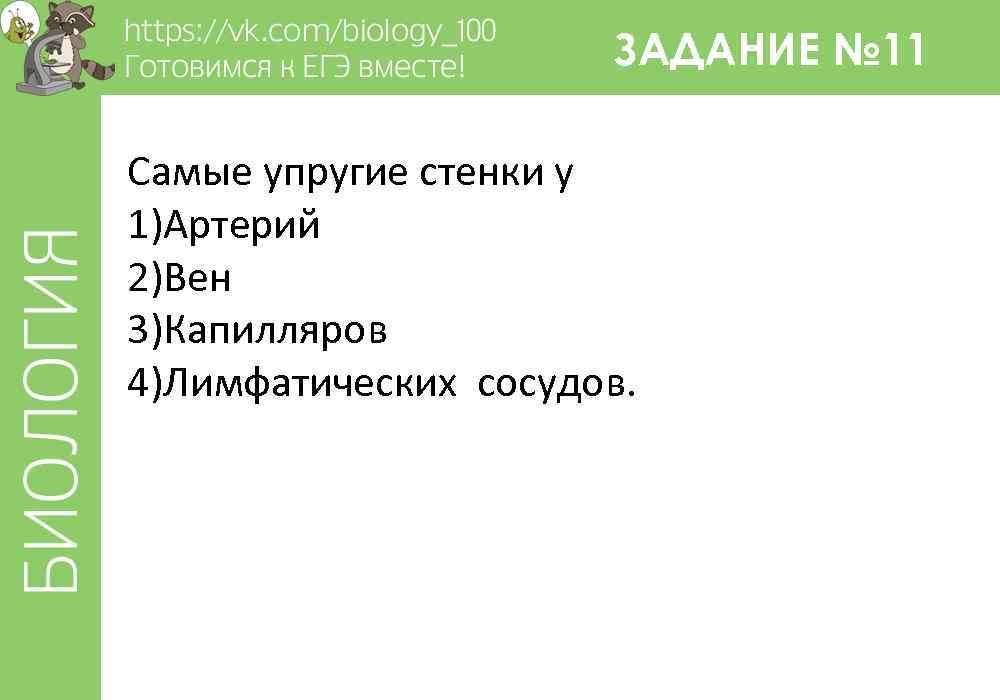 ЗАДАНИЕ № 11 Самые упругие стенки у 1)Артерий 2)Вен 3)Капилляров 4)Лимфатических сосудов. 