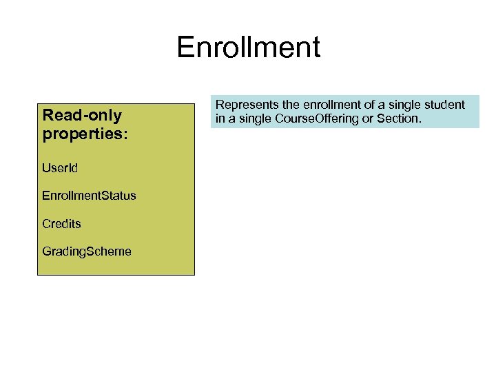 Enrollment Read-only properties: User. Id Enrollment. Status Credits Grading. Scheme Represents the enrollment of