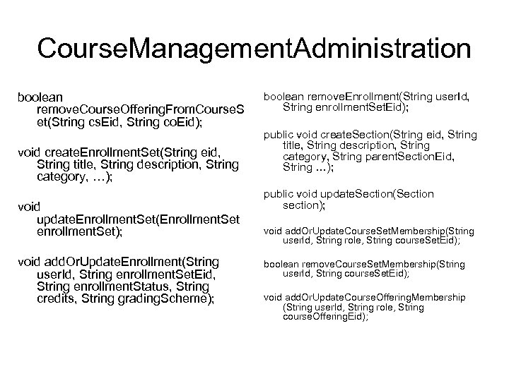 Course. Management. Administration boolean remove. Course. Offering. From. Course. S et(String cs. Eid, String