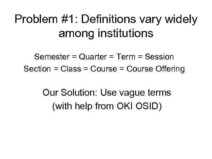 Problem #1: Definitions vary widely among institutions Semester = Quarter = Term = Session
