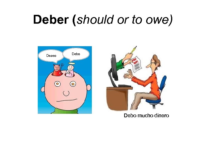 Deber (should or to owe) Deseo Debo mucho dinero 