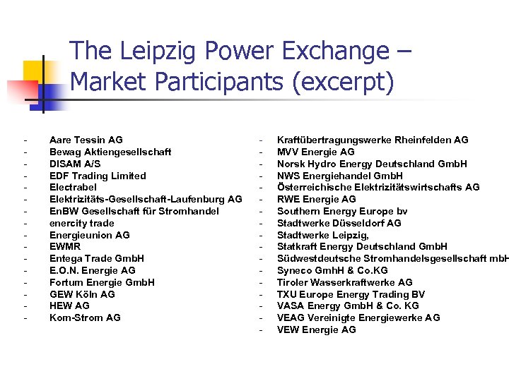 The Leipzig Power Exchange – Market Participants (excerpt) - Aare Tessin AG Bewag Aktiengesellschaft