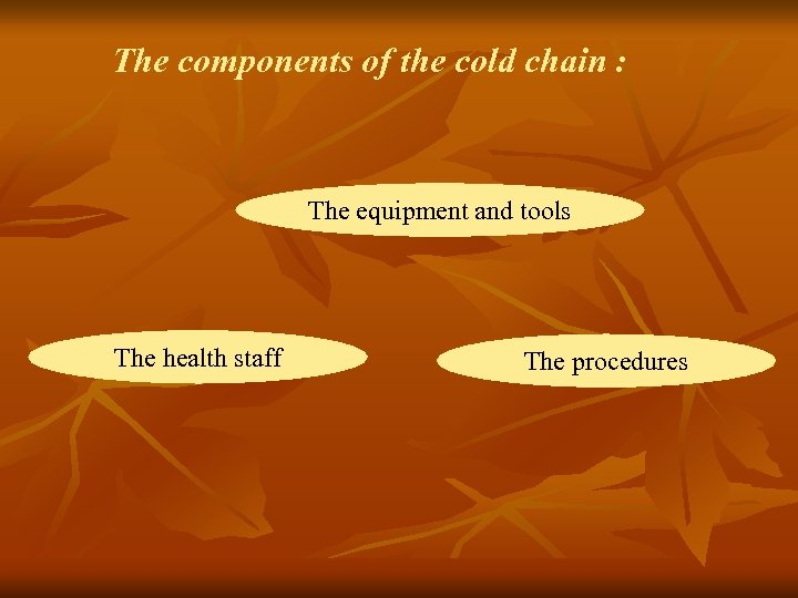 The components of the cold chain : The equipment and tools The health staff