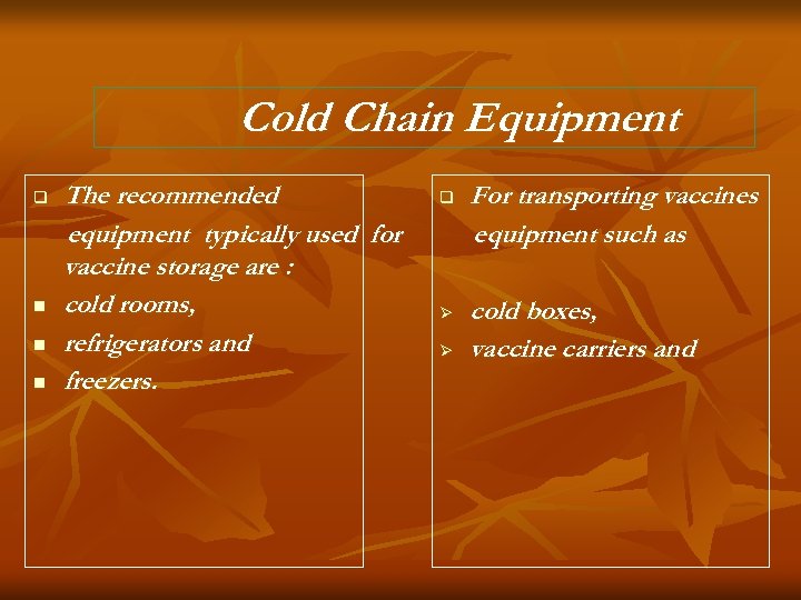 Cold Chain Equipment q n n n The recommended equipment typically used for vaccine