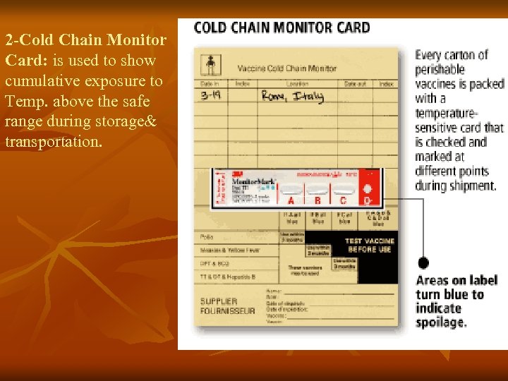 2 -Cold Chain Monitor Card: is used to show cumulative exposure to Temp. above