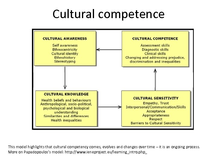 Cultural competence This model highlights that cultural competency comes, evolves and changes over time
