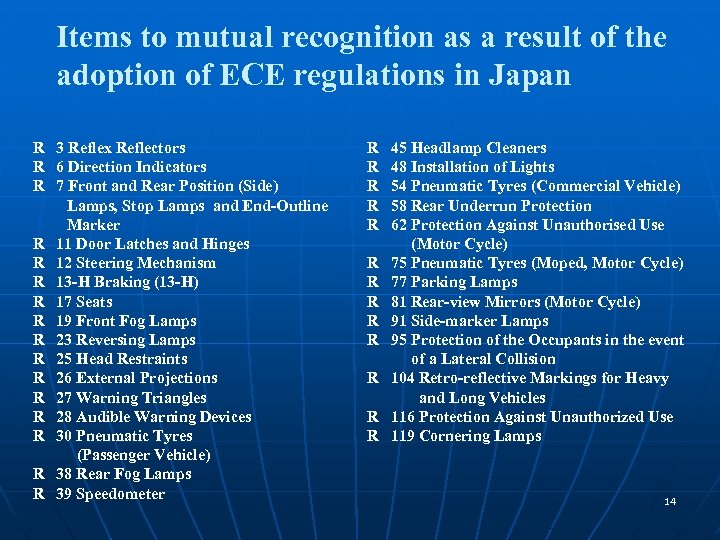 Items to mutual recognition as a result of the adoption of ECE regulations in
