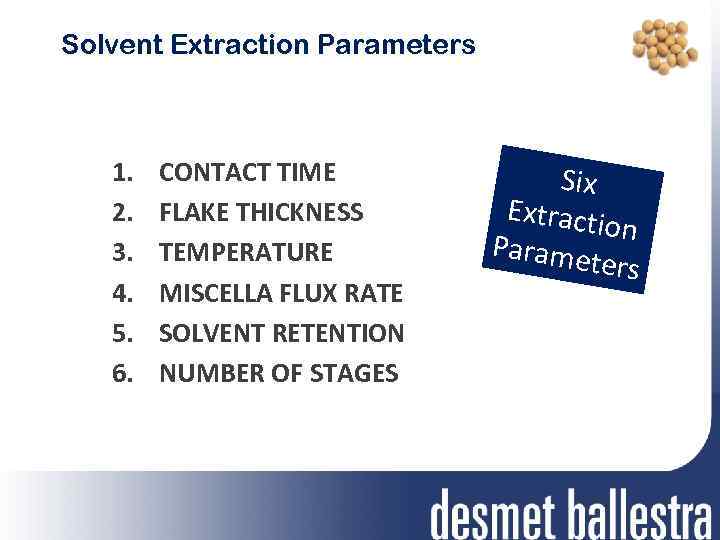 Solvent Extraction Parameters 1. 2. 3. 4. 5. 6. CONTACT TIME FLAKE THICKNESS TEMPERATURE