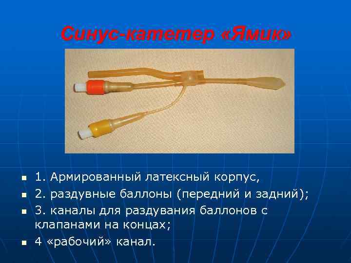 Синус-катетер «Ямик» n n 1. Армированный латексный корпус, 2. раздувные баллоны (передний и задний);