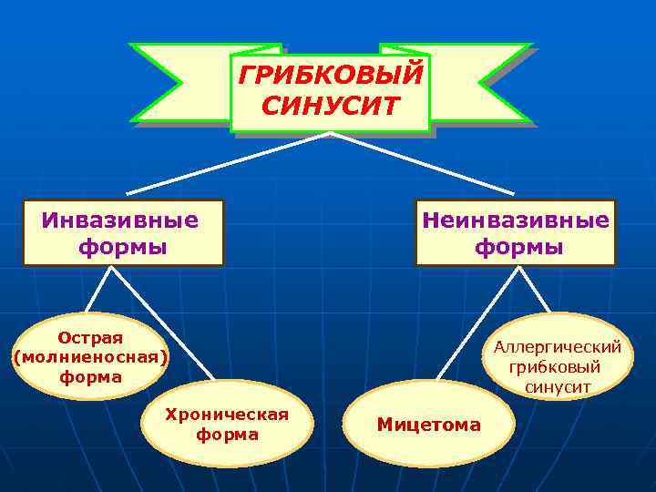 ГРИБКОВЫЙ СИНУСИТ Инвазивные формы Неинвазивные формы Острая (молниеносная) форма Хроническая форма Аллергический грибковый синусит