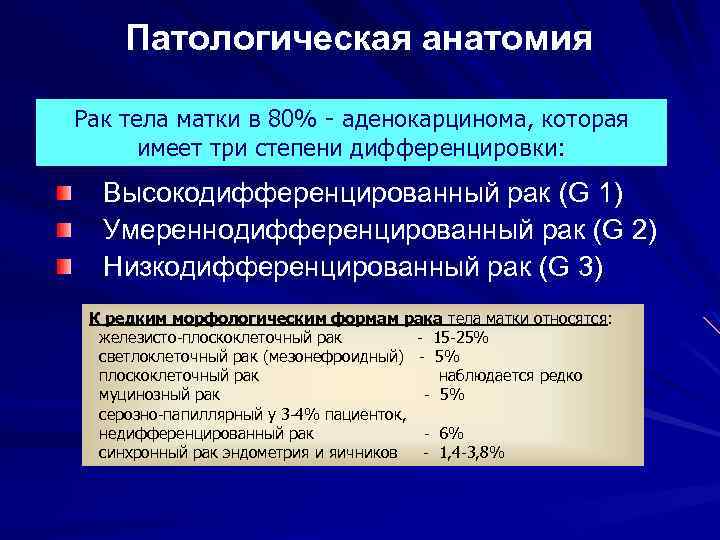 Патологическая анатомия Рак тела матки в 80% - аденокарцинома, которая имеет три степени дифференцировки: