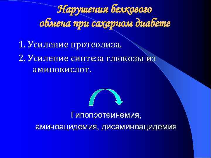 Нарушения белкового обмена при сахарном диабете 1. Усиление протеолиза. 2. Усиление синтеза глюкозы из