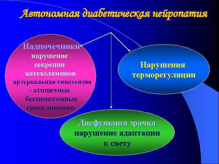 Автономная диабетическая нейропатия Надпочечники нарушение секреции катехоламинов - артериальная гипотензия Нарушения терморегуляции - атипичные