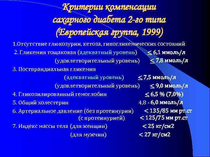 Критерии компенсации сахарного диабета 2 -го типа (Европейская группа, 1999) 1. Отсутствие глюкозурии, кетоза,