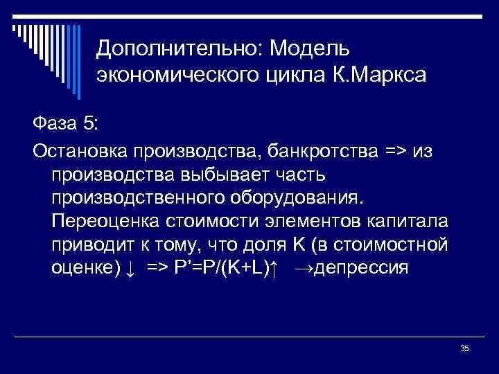 Дополнительно: Модель экономического цикла К. Маркса Фаза 5: Остановка производства, банкротства => из производства