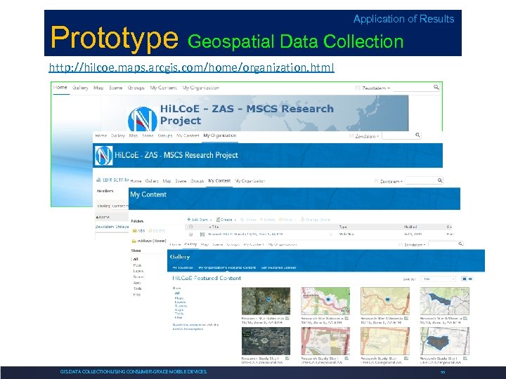 Application of Results Prototype Geospatial Data Collection http: //hilcoe. maps. arcgis. com/home/organization. html GIS