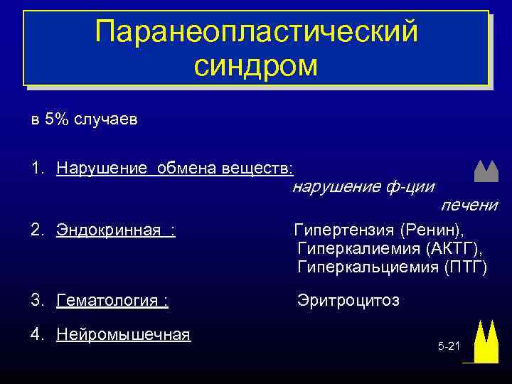 Паранеопластический синдром в 5% случаев 1. Нарушение обмена веществ: нарушение ф-ции печени 2. Эндокринная