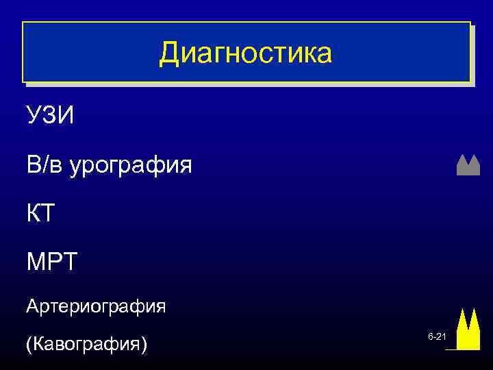 Диагностика УЗИ В/в урография КТ МРТ Артериография (Кавография) 6 -21 