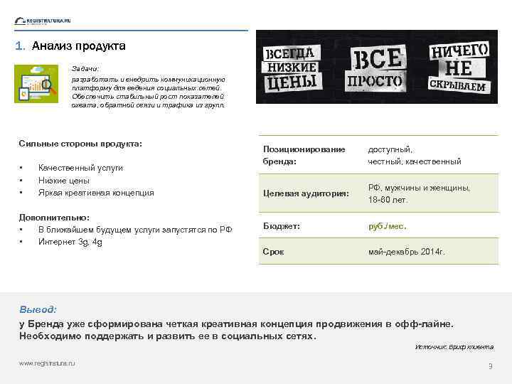 1. Анализ продукта Задачи: разработать и внедрить коммуникационную платформу для ведения социальных сетей. Обеспечить