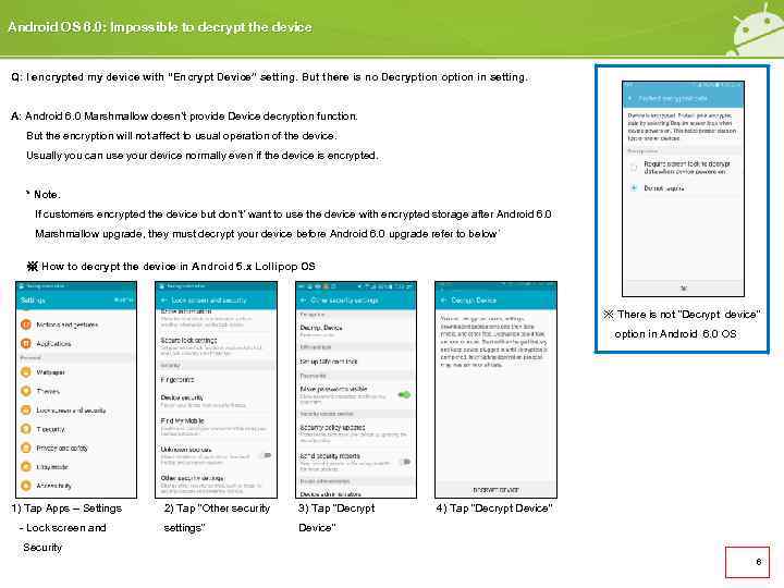 Android OS 6. 0: Impossible to decrypt the device Q: I encrypted my device