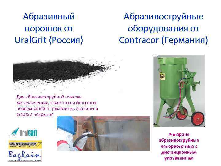 Абразивный порошок от Ural. Grit (Россия) Абразивоструйные оборудования от Contracor (Германия) Для абразивоструйной очистки