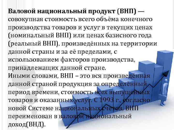 Валовой национальный продукт (ВНП) — совокупная стоимость всего объёма конечного производства товаров и услуг